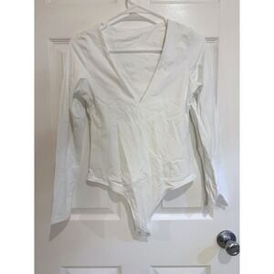 INLYRIC Bodysuit Deep V Neck Long Sleeve Thong Snap Crotch White‎ Size M